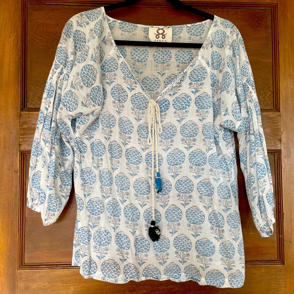 Figue block print cotton voile top M